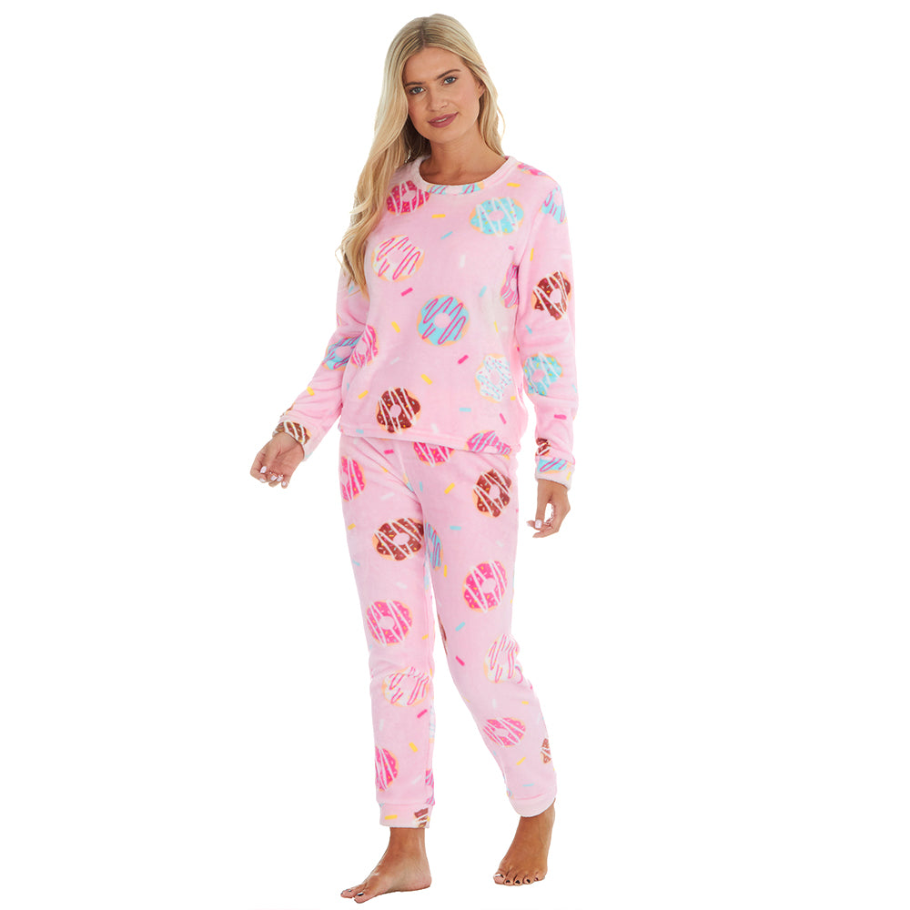 Ladies Pink Donuts Fleece Pyjama Set