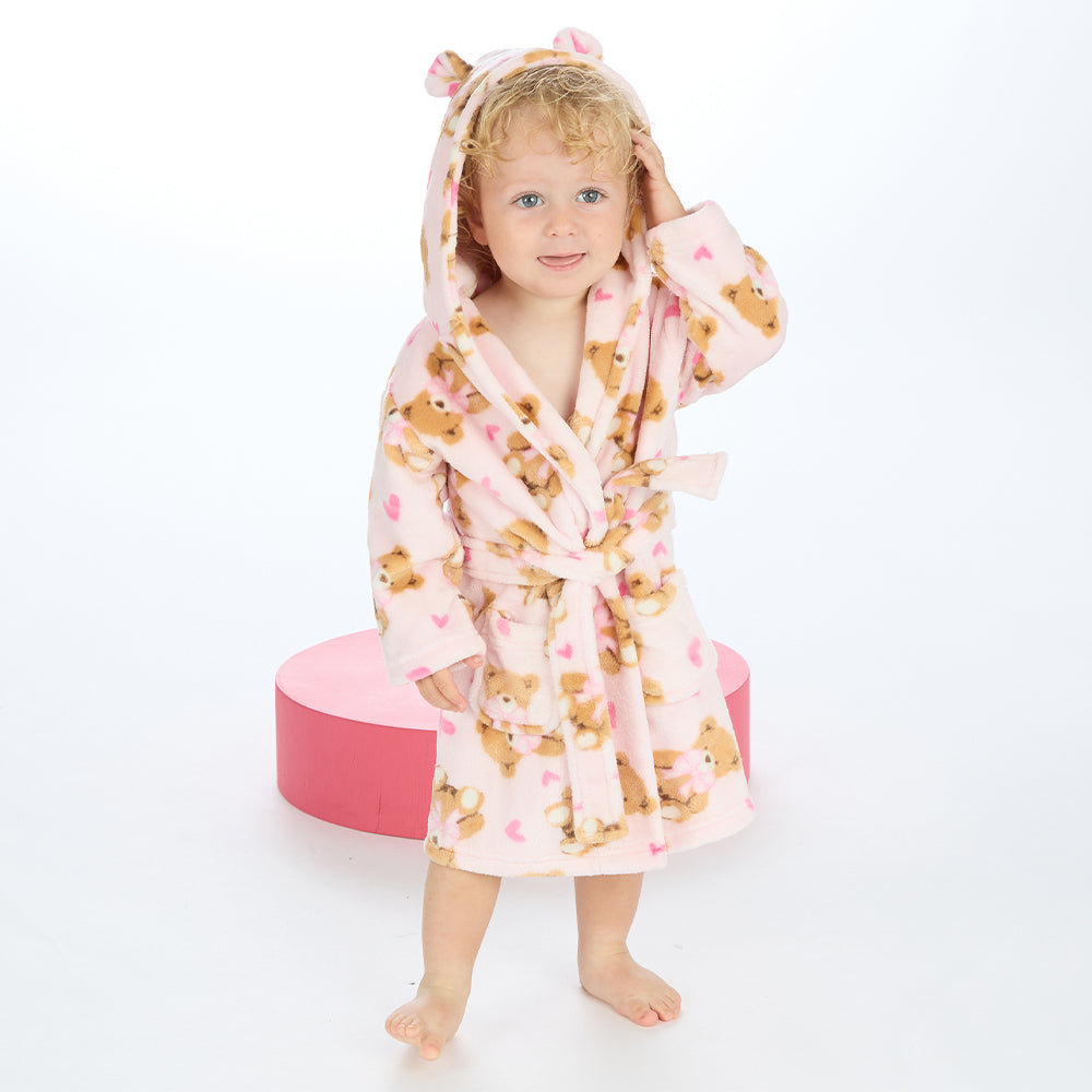 Baby Teddy Print Bear Ears Dressing Gown