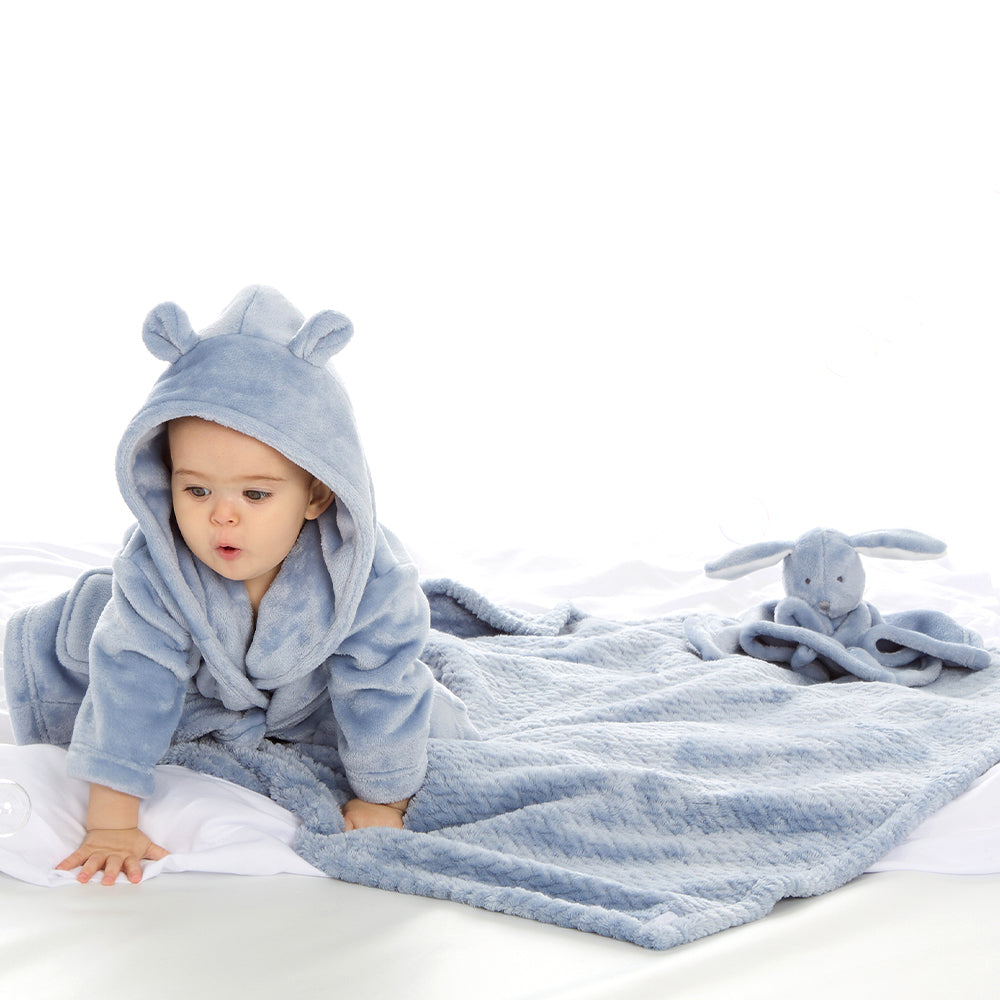 Personalised Baby Dusky Blue Bear Ears Dressing Gown