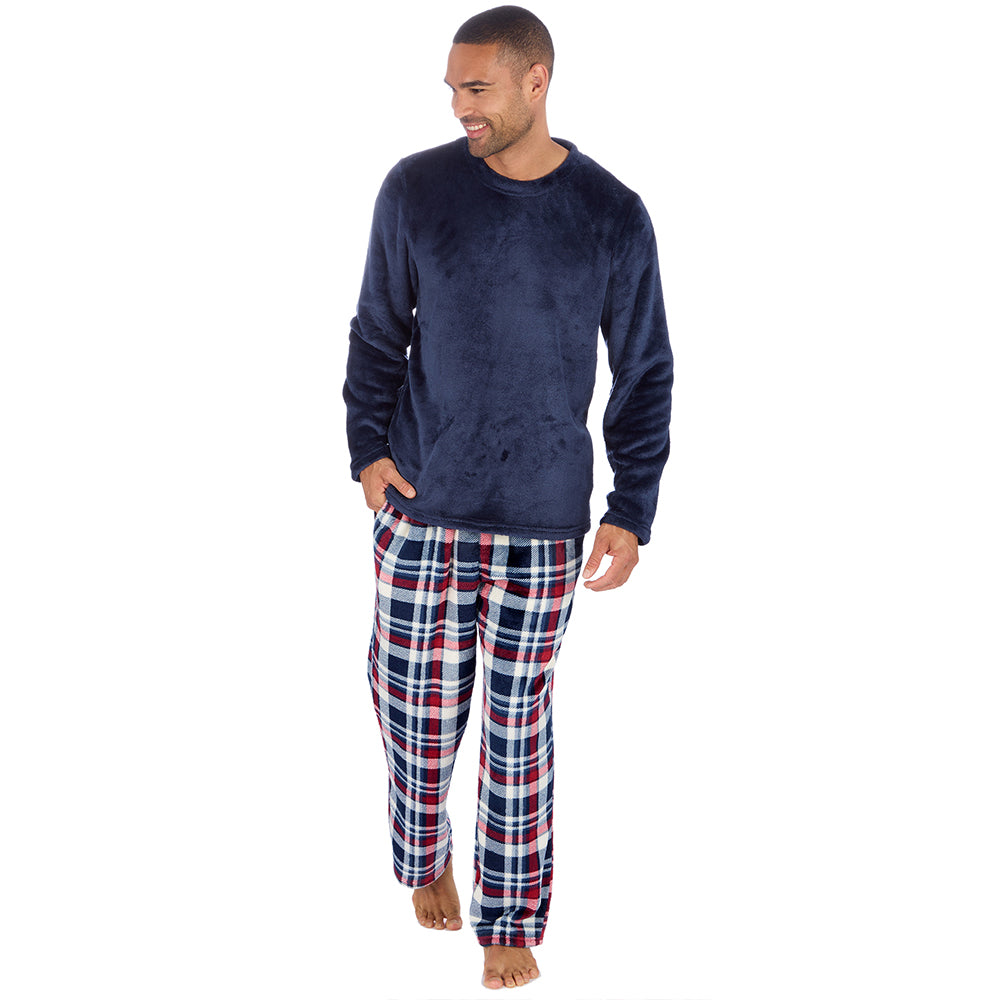Mens Navy Check Fleece Pyjama Set