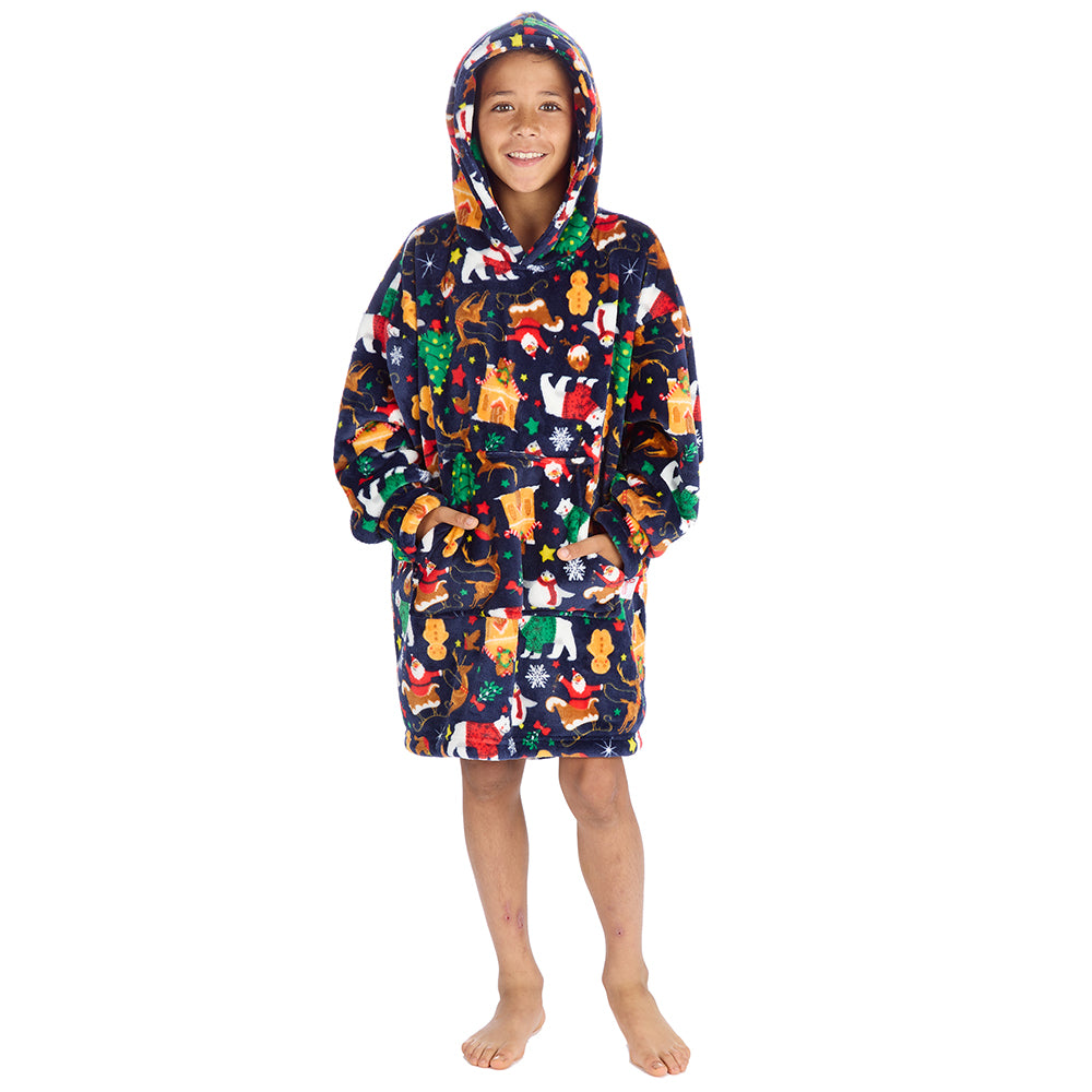 Kids Navy Christmas Fleece Blanket Hoodie