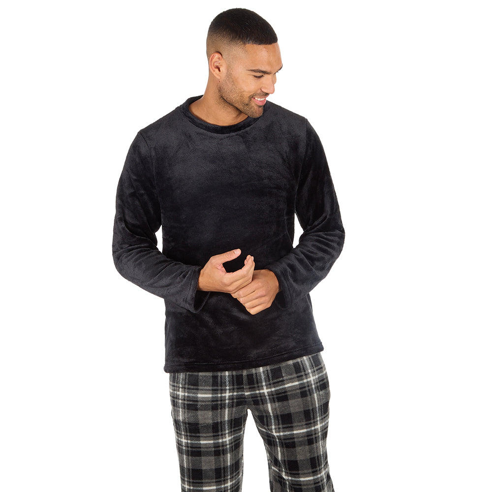 Mens Black Check Fleece Pyjama Set