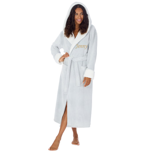 Personalised Ladies Frosted Grey Long Hooded Dressing Gown
