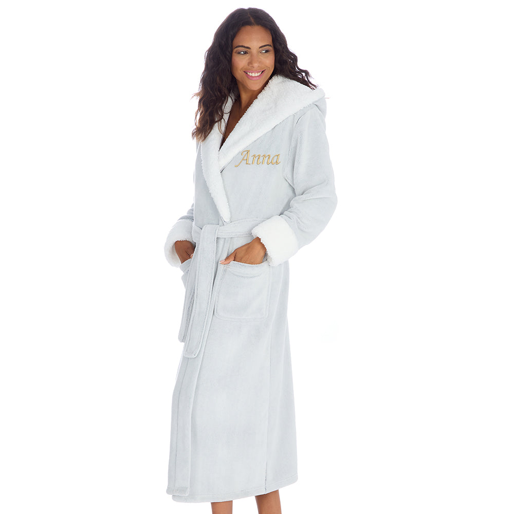 Personalised Ladies Frosted Grey Long Hooded Dressing Gown