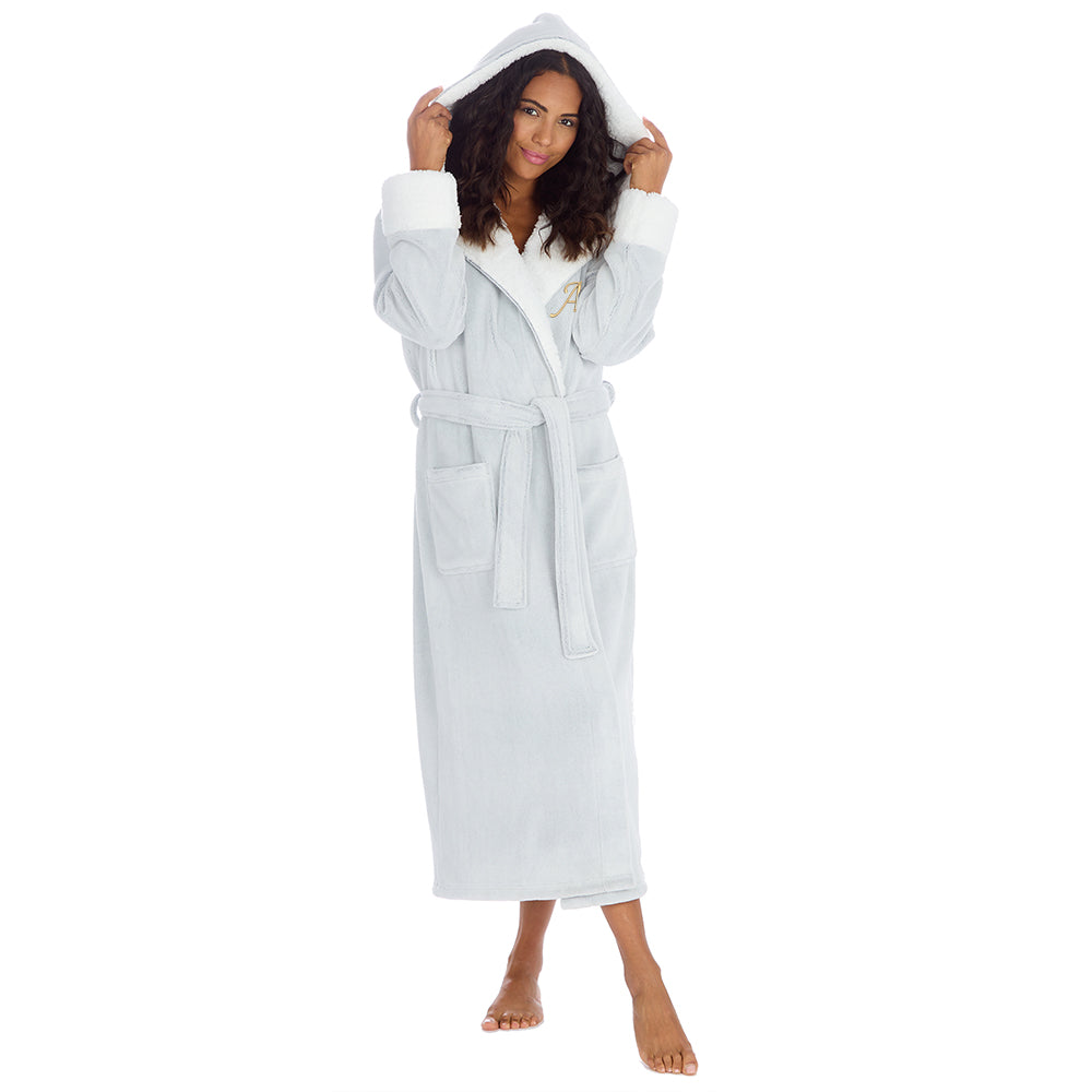 Personalised Ladies Frosted Grey Long Hooded Dressing Gown