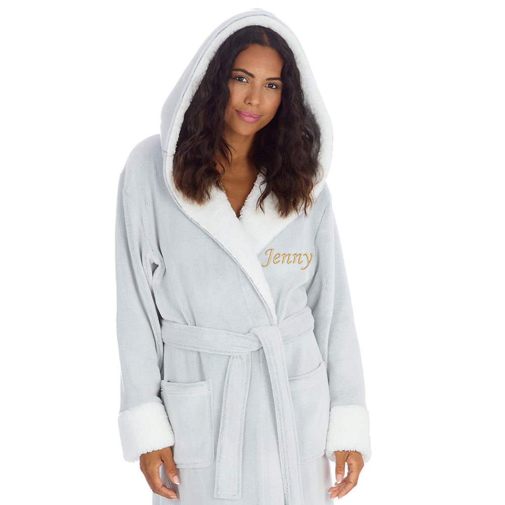 Personalised Ladies Frosted Grey Long Hooded Dressing Gown
