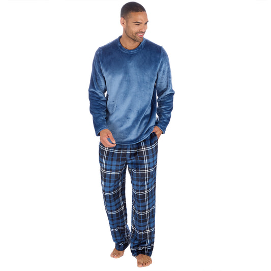 Mens Blue Check Fleece Pyjama Set