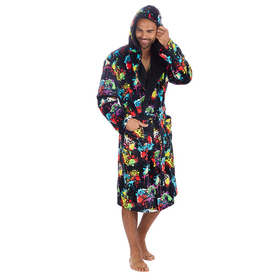 Mens Navy Gamer Hooded Dressing Gown