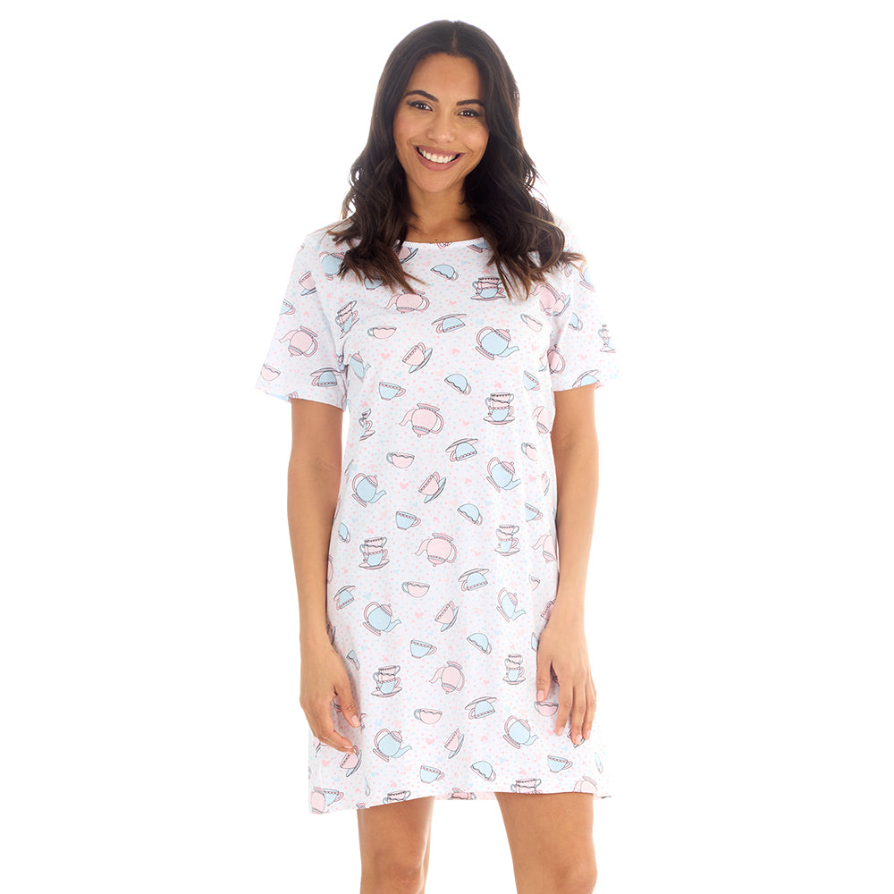 Ladies Short Sleeve Teatime Print White Nigthie
