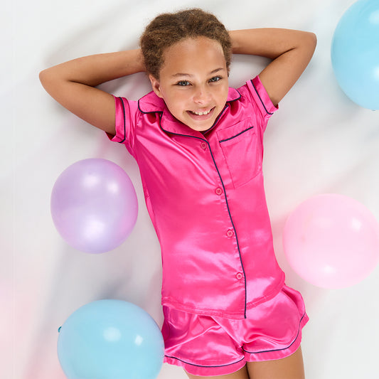 Girls Pink Silky Satin Short Pyjama Set