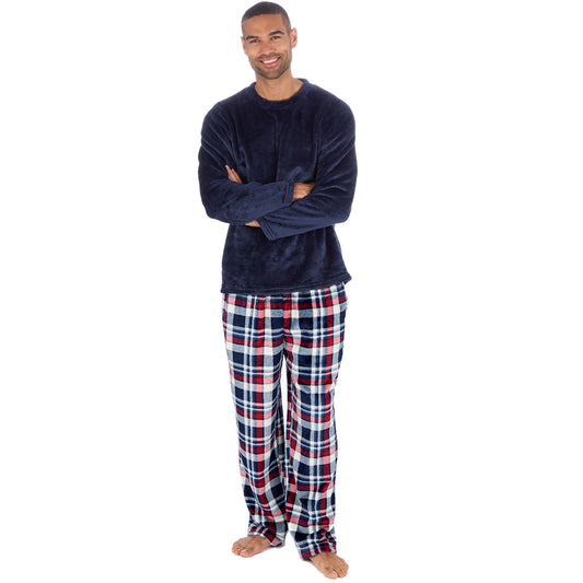 Mens Navy Check Fleece Pyjama Set