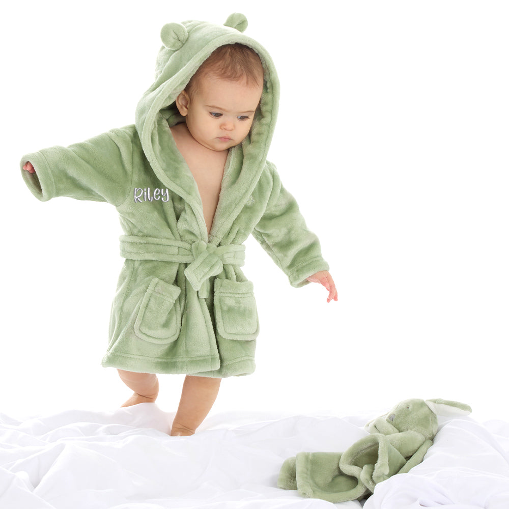 Personalised Baby Sage Bear Ears Dressing Gown