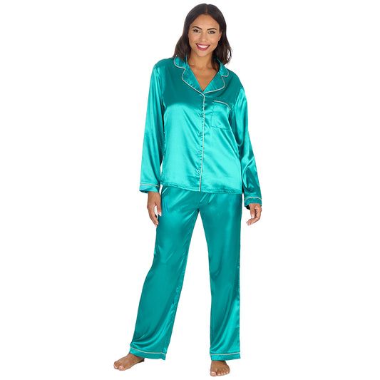Ladies Teal Silky Satin Long Pyjama Set