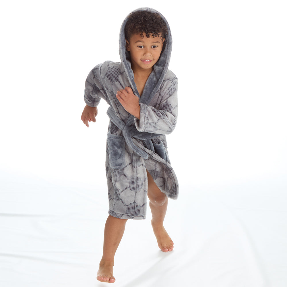 Kids Infant Boys Grey Football Themed Plush Dressing Gown