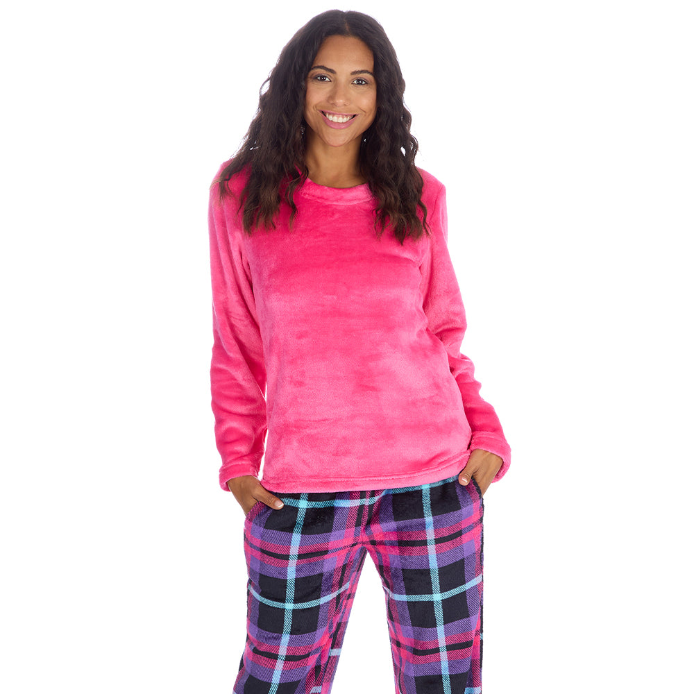 Ladies Fuchsia Check Fleece Pyjama Set