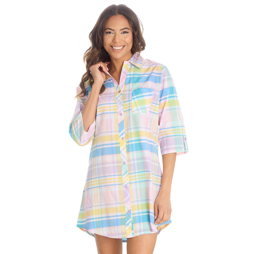 Ladies Rose Pink Check Woven Nightshirt