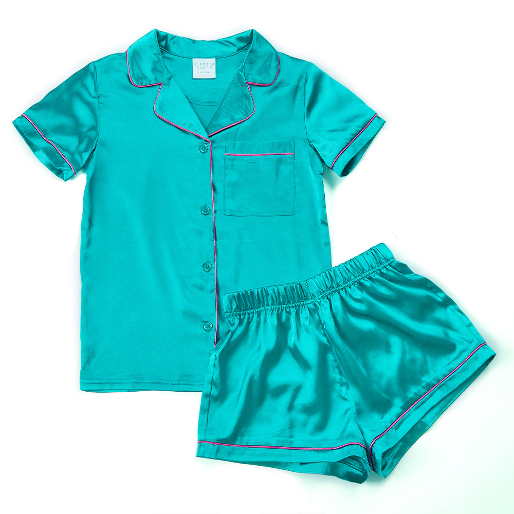 Girls Teal Silky Satin Short Pyjama Set