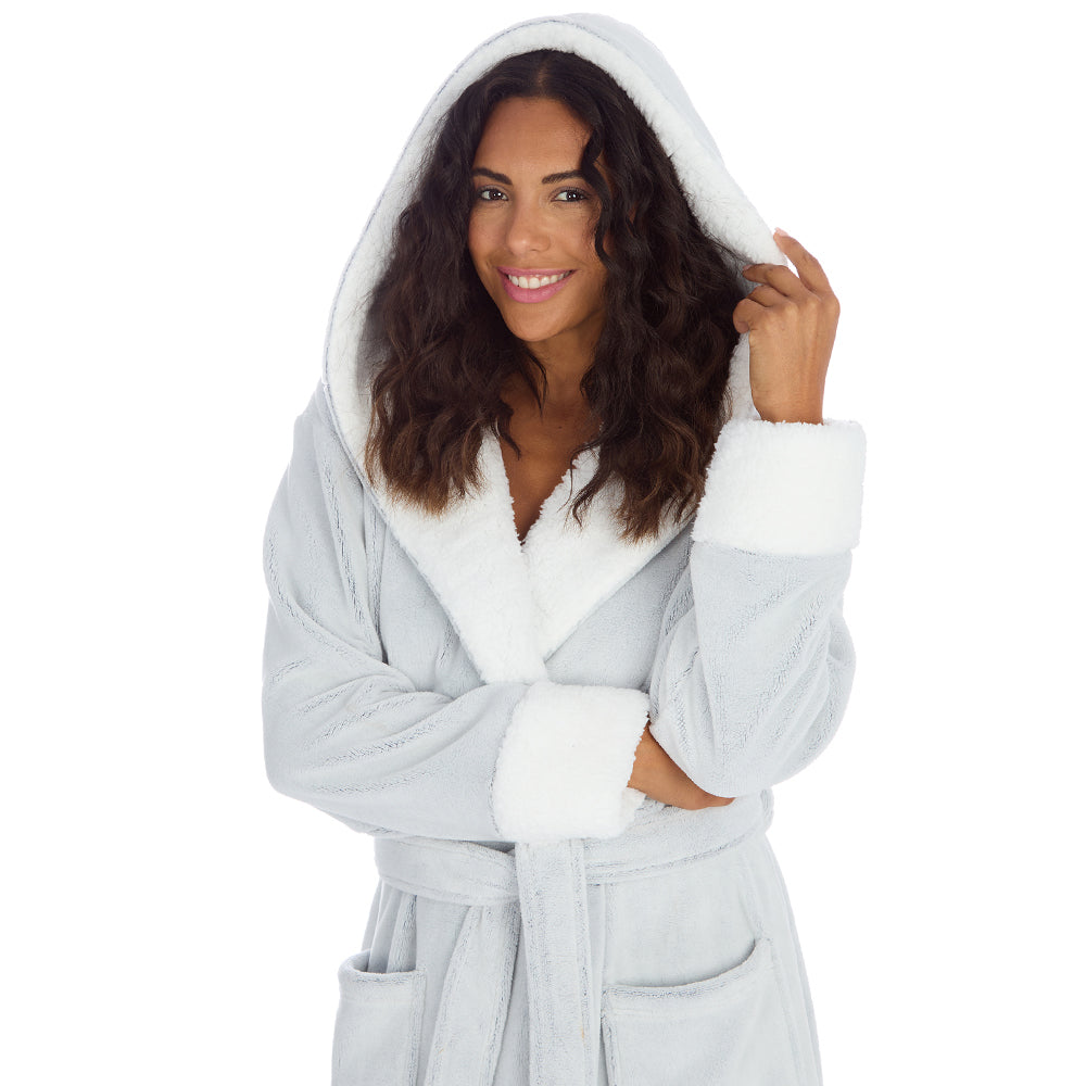 Ladies Frosted Grey Long Hooded Dressing Gown