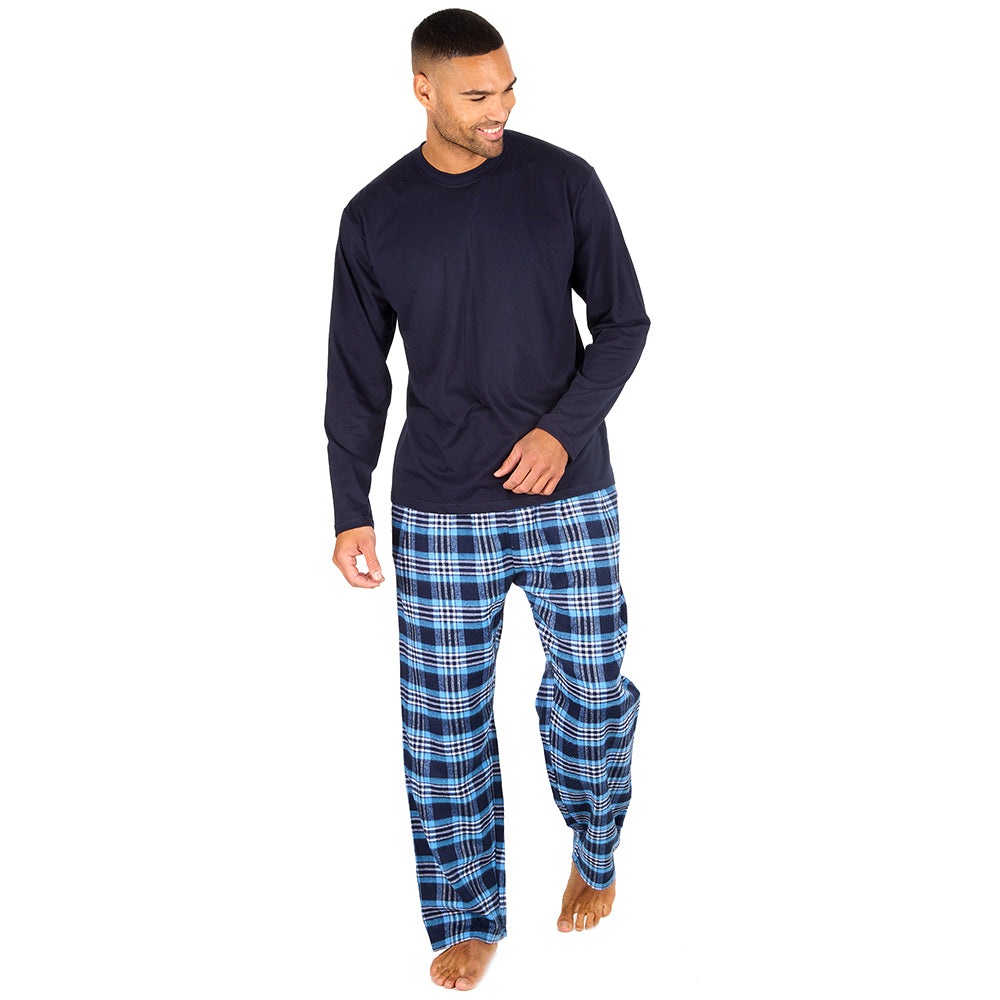 Mens Navy Check Jersey Pyjama Set
