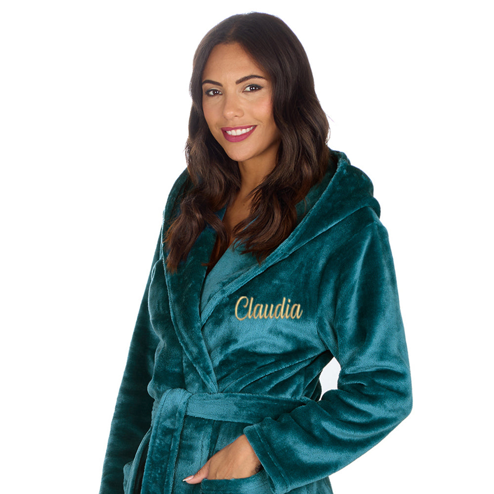 Personalised Ladies Teal Long Hooded Dressing Gown