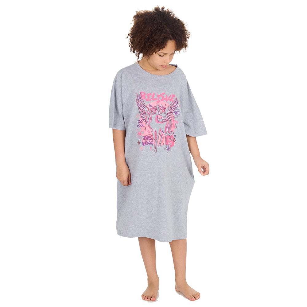 Girls Unicorn Grey Oversize Sleep Tee