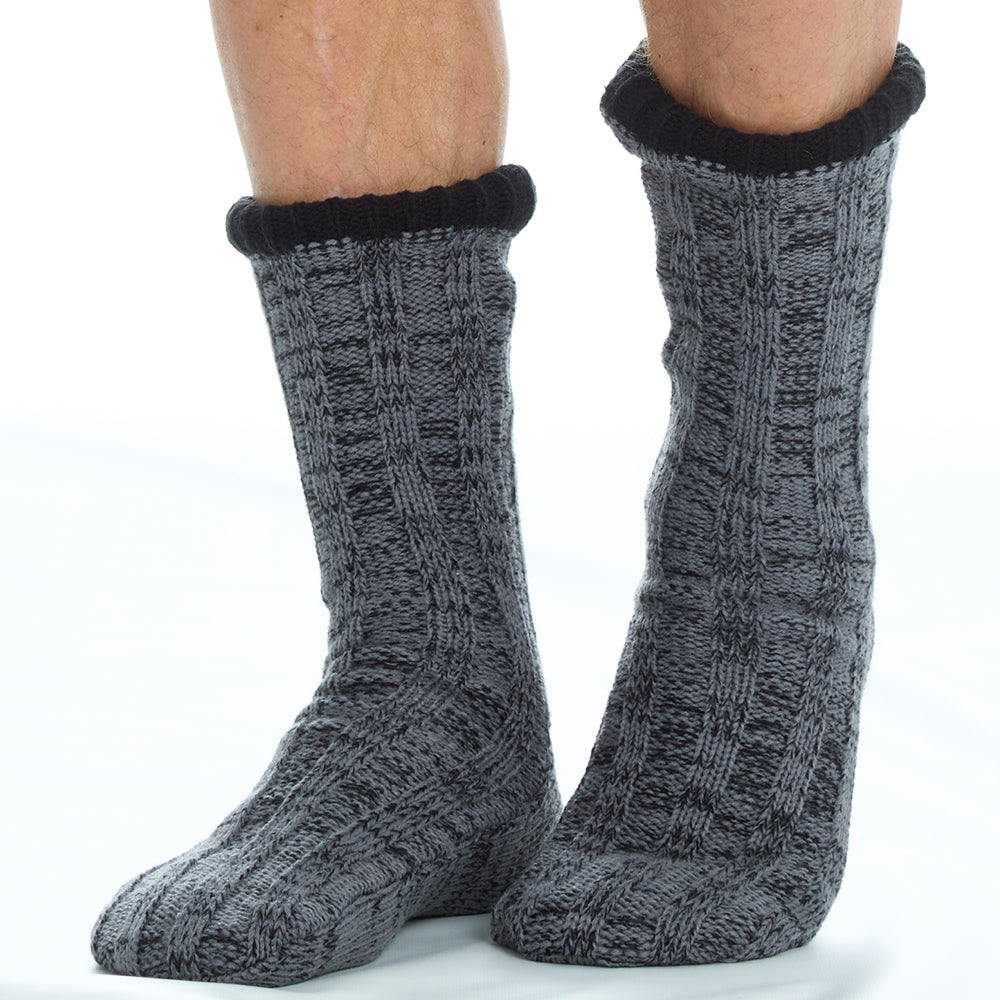 Mens Cable Knit Ash Grey Slipper Socks