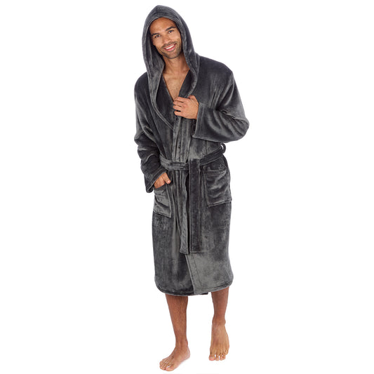 Mens Plain Hooded Charcoal Dressing Gown