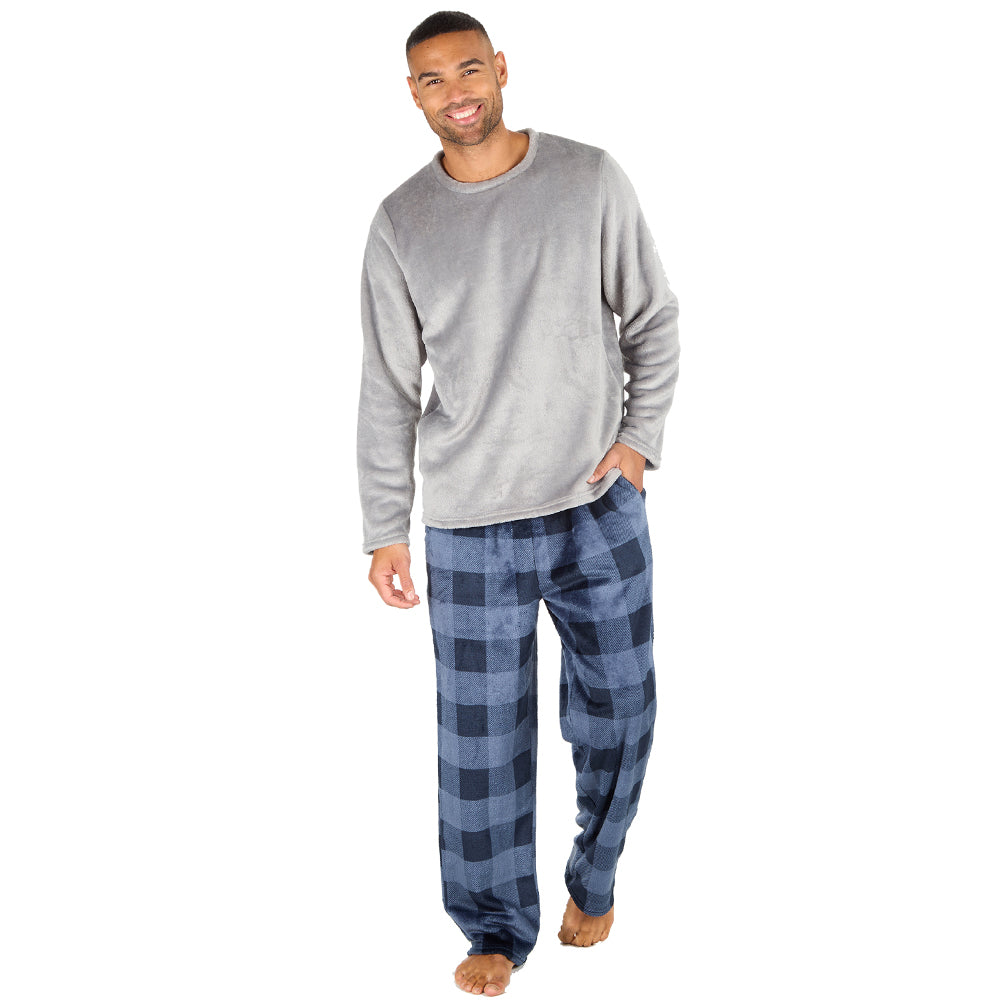Mens Silver Check Fleece Pyjama Set