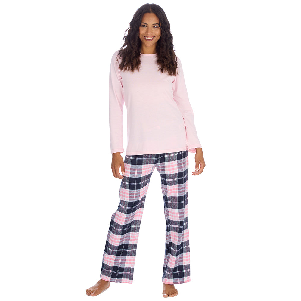 Ladies Pink Check Jersey Pyjama Set