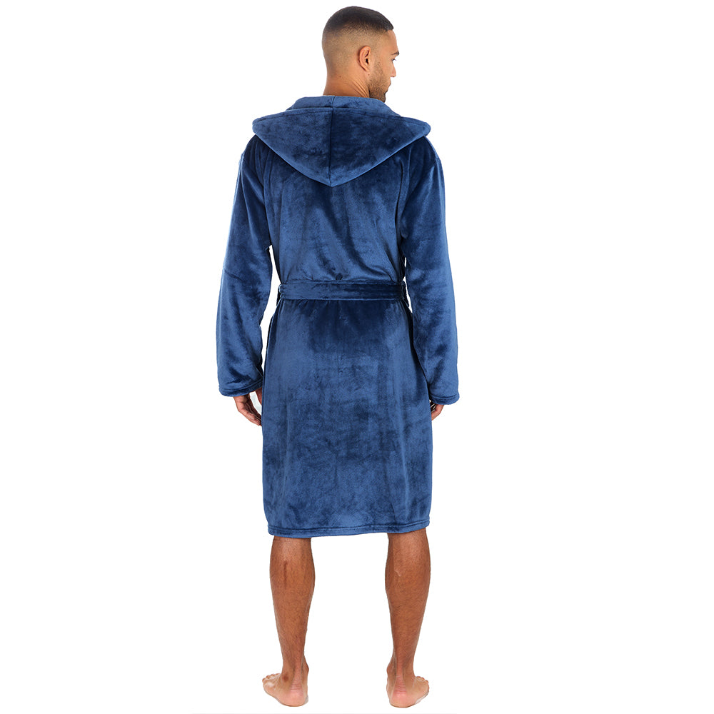 Mens Plain Hooded Blue Dressing Gown