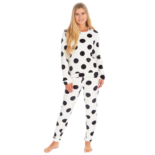 Ladies White Polka Dot Fleece Pyjama Set