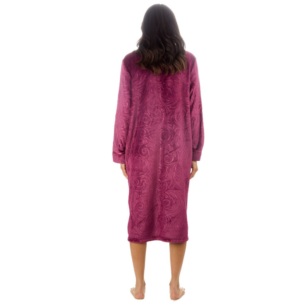 Ladies Full Zip Floral Embossed Burgundy Dressing Gown