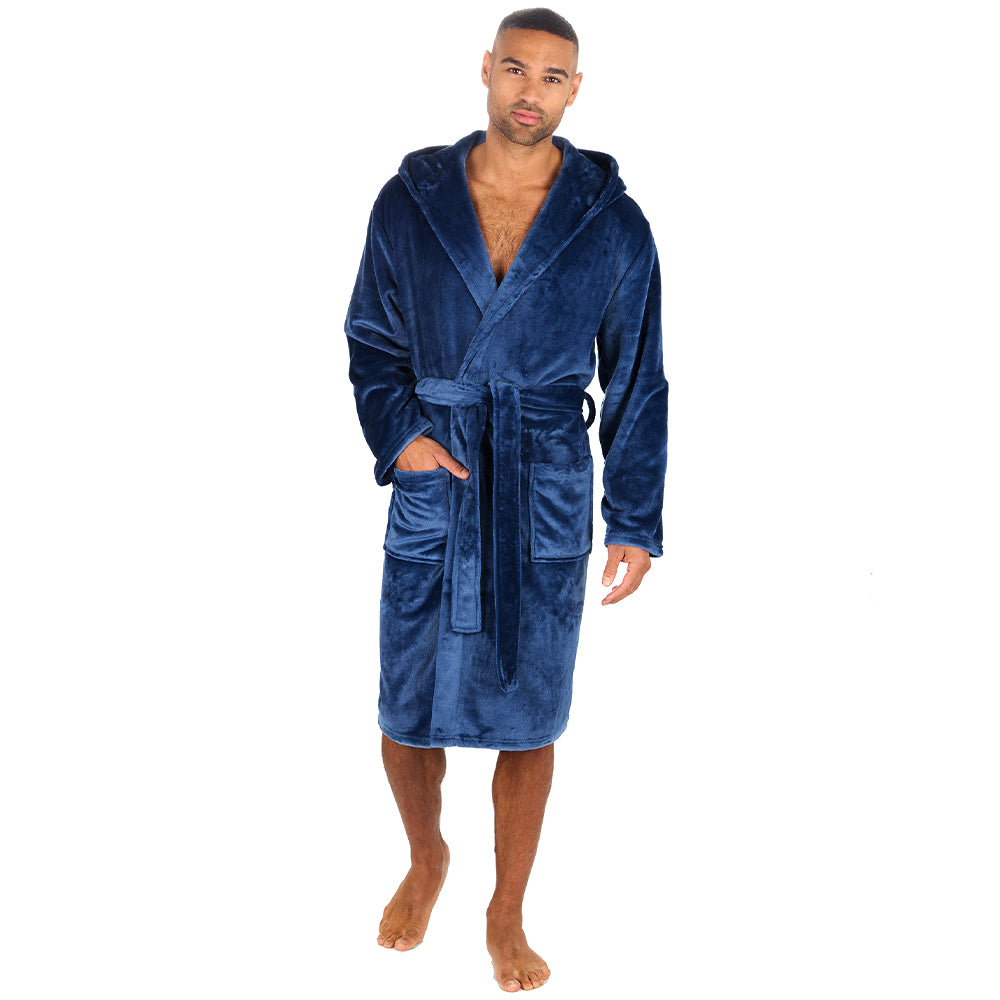 Mens Plain Hooded Blue Dressing Gown