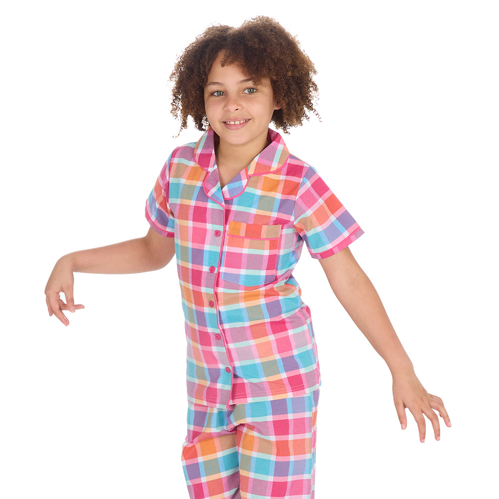 Girls Pink Check Woven Pyjama Set