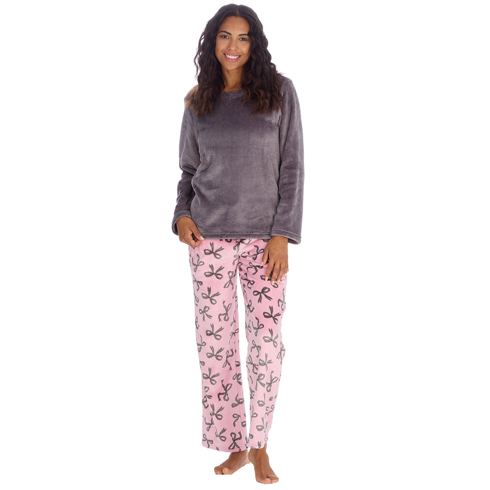 Ladies Grey Bows Fleece Pyjama Set