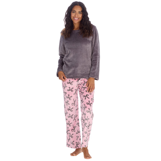 Ladies Grey Bows Fleece Pyjama Set