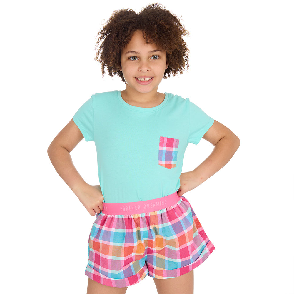 Girls Mint Checked Short Pyjama Set