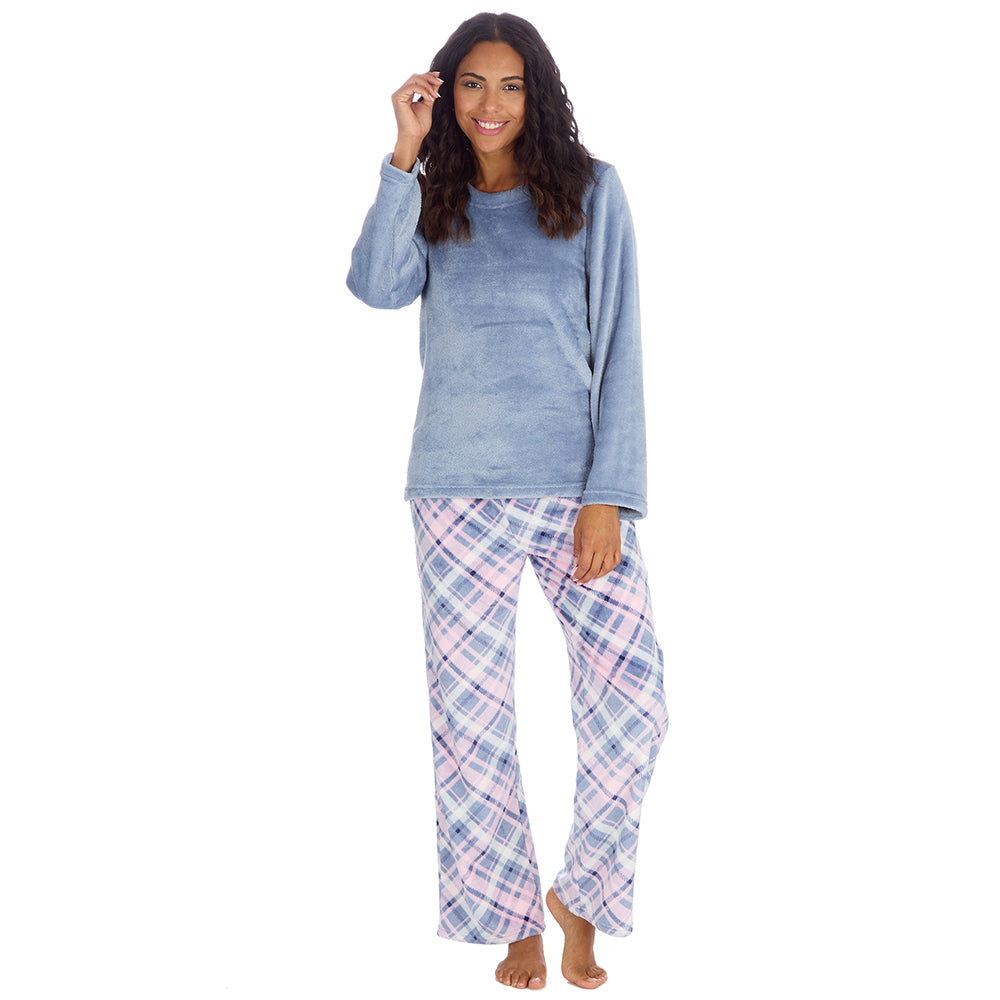 Ladies Blue Check Fleece Pyjama Set