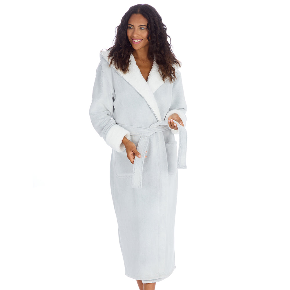 Ladies Frosted Grey Long Hooded Dressing Gown