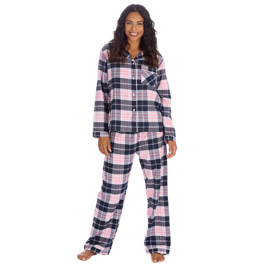 Ladies Pink Check Brushed Flannel Pyjama Set