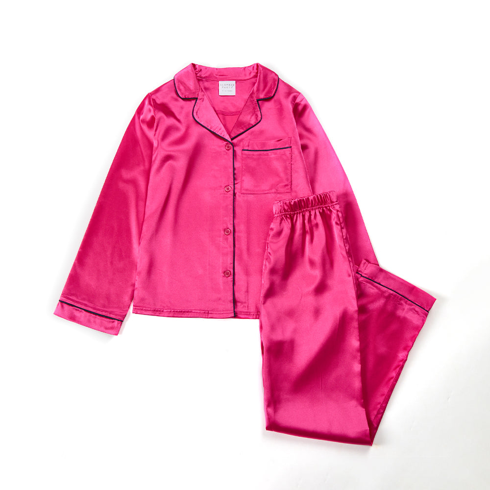 Girls Pink Silky Satin Long Pyjama Set