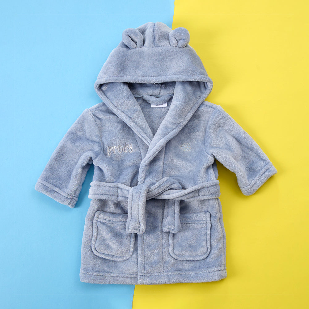 Personalised Baby Dusky Blue Bear Ears Dressing Gown
