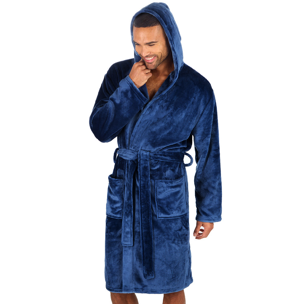 Mens Plain Hooded Blue Dressing Gown