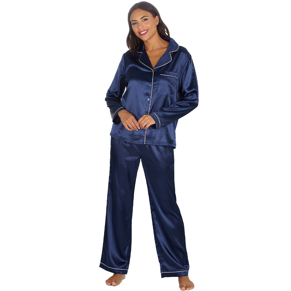 Ladies Navy Silky Satin Long Pyjama Set
