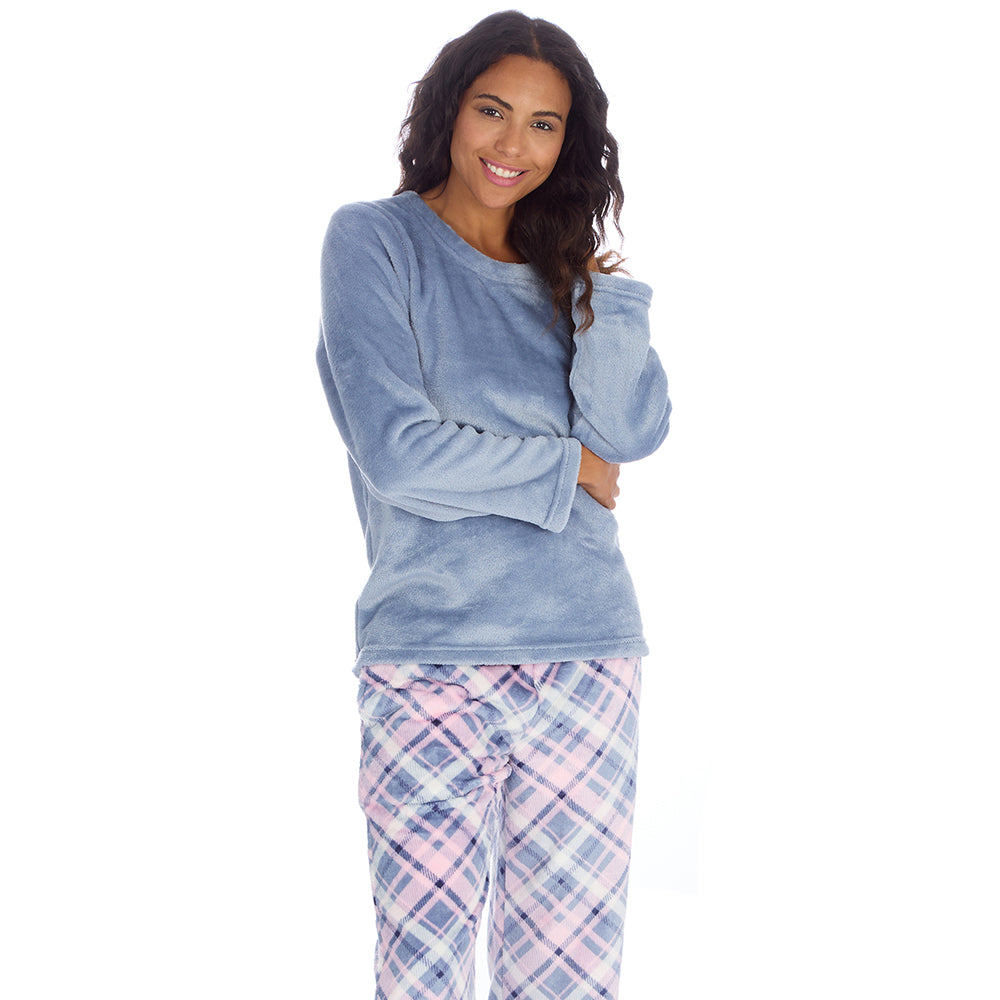 Ladies Blue Check Fleece Pyjama Set