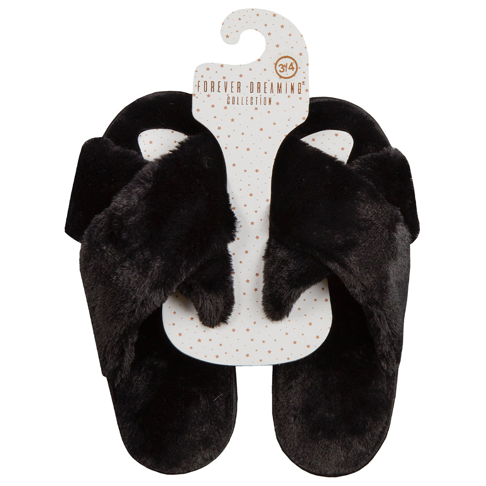Ladies Faux Fur Black Cross Over Slippers