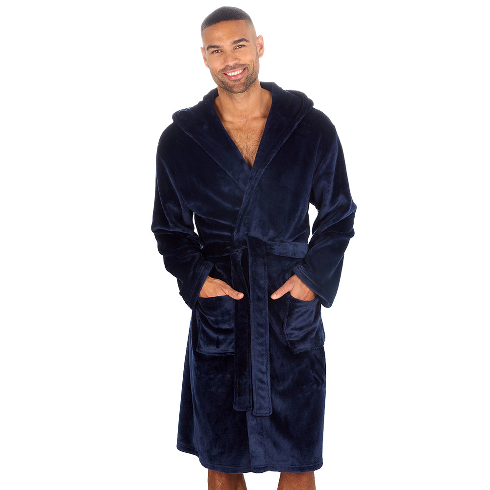 Mens Plain Hooded Navy Dressing Gown