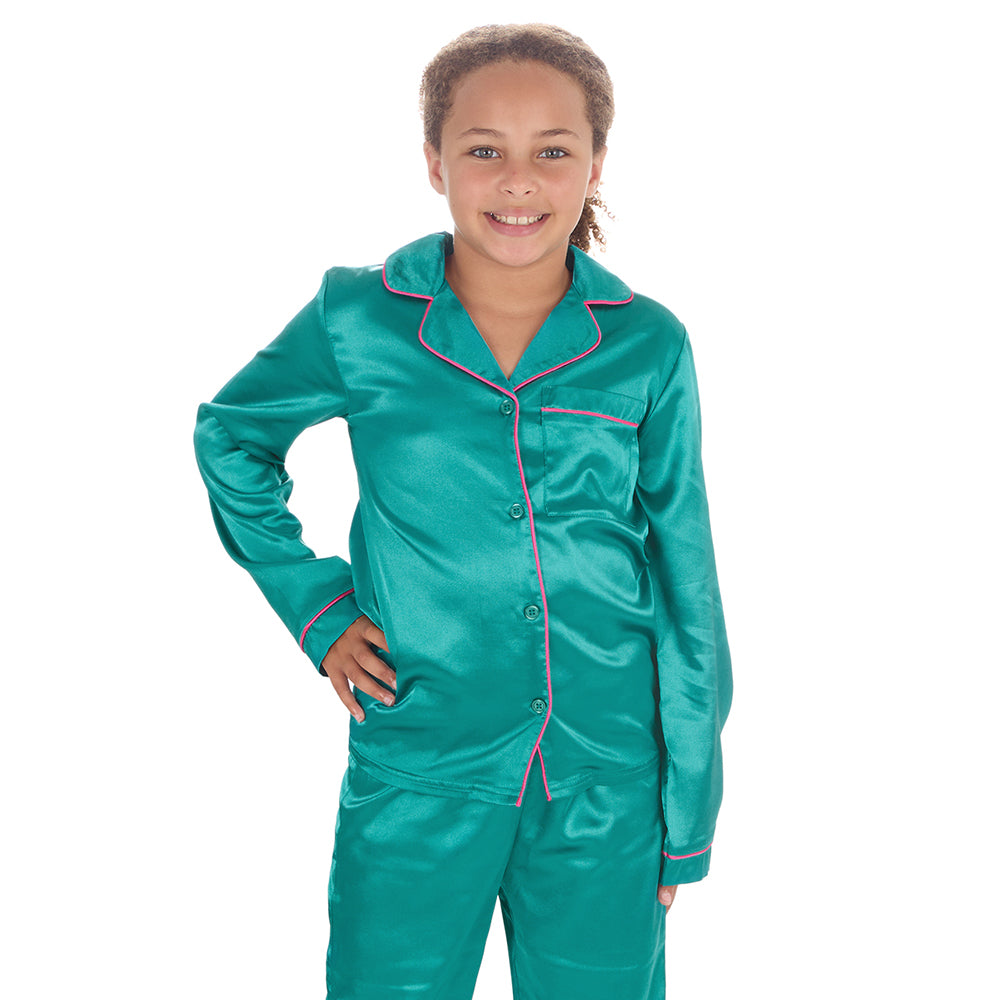 Girls Teal Silky Satin Long Pyjama Set