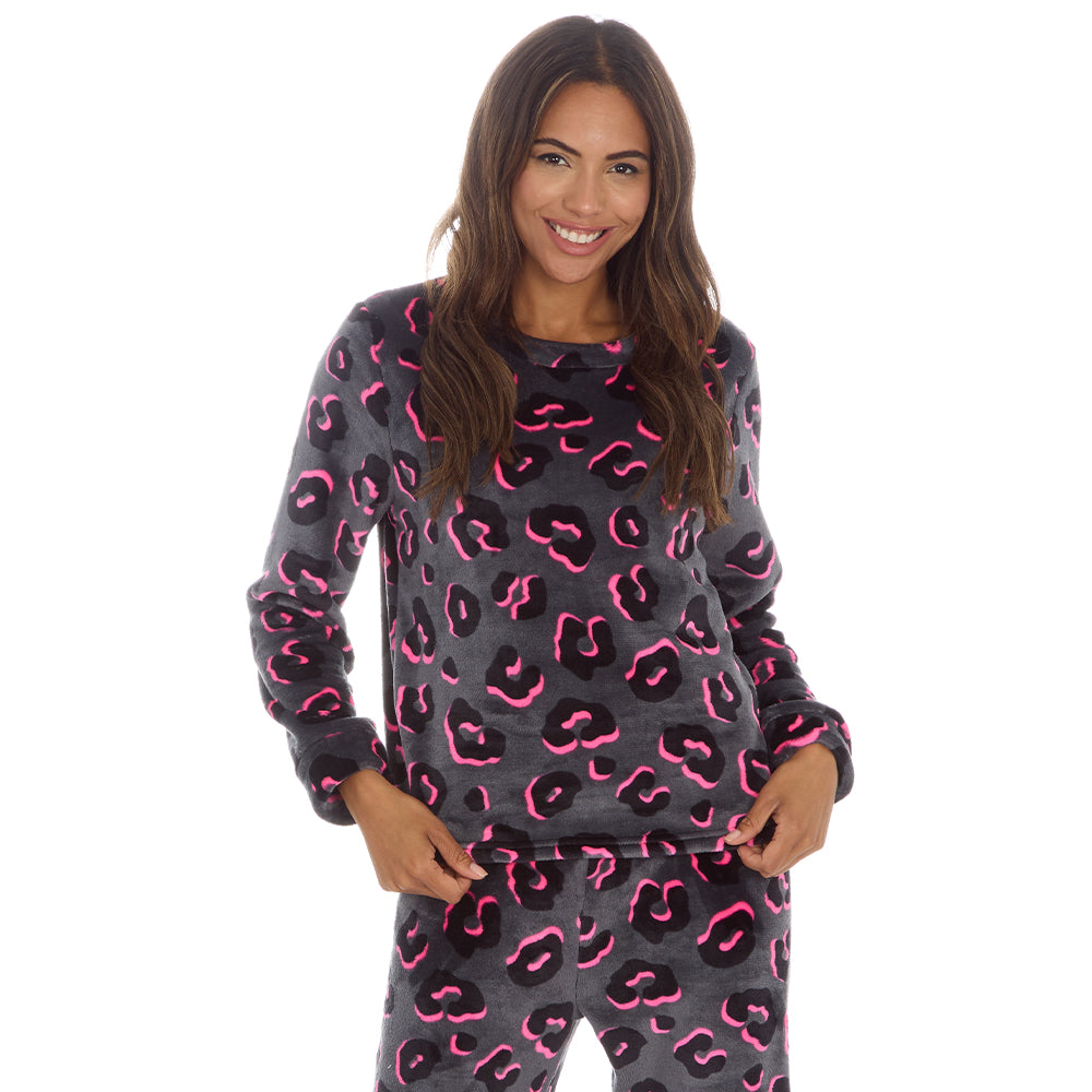 Ladies Leopard Grey Fleece Pyjama Set