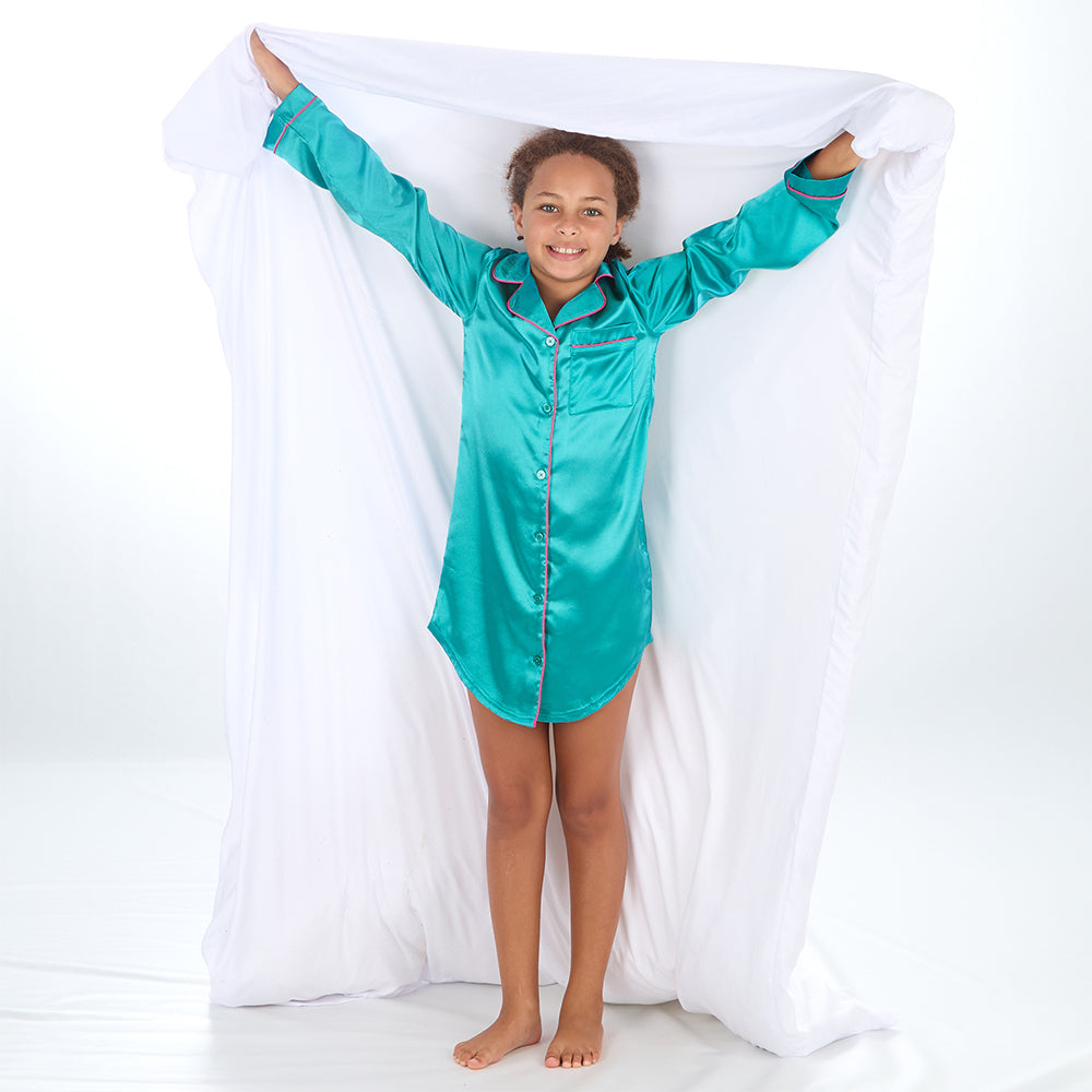 Girls Teal Silky Satin Nightshirt